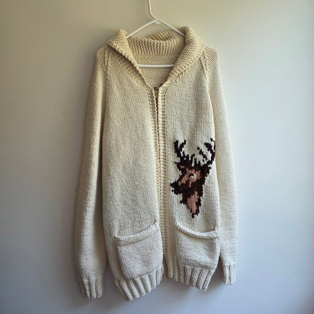 Vintage 50s 60s Hand Knit Cowichan Cardigan Deer Cream Wool Chunky Cable